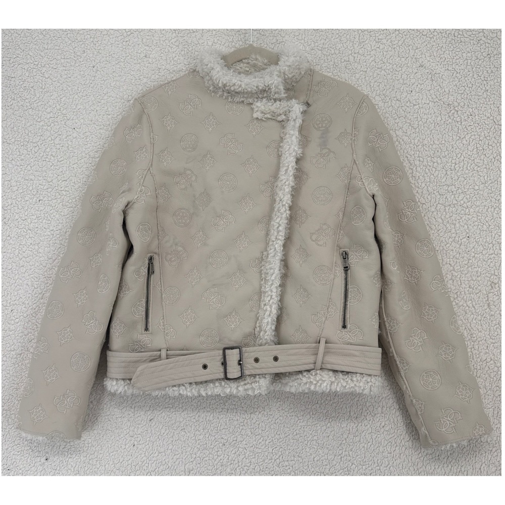 Guess Gretel Faux Leather Moto Biker Jacket Size L Cream Sherpa Lined Belted